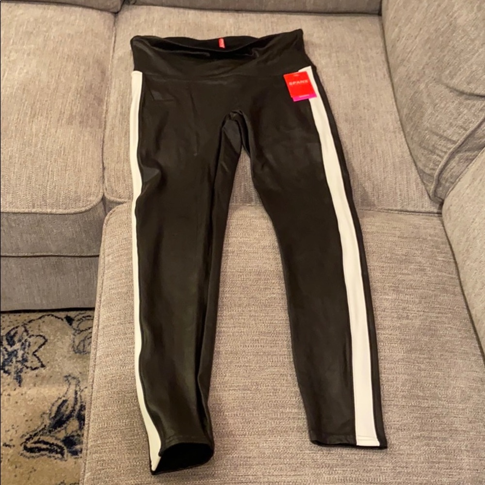 Spanx Faux Leather Leggings with white stripe